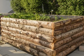Planted raised bed made from rustic tree trunks