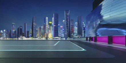 Perspective view of empty floor with modern building and beautiful nigh city background. 3d