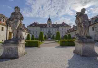 Entrance of the beautiful baroque castle in Valtice, South Moravia, famous travel wine destination