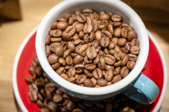 Cup with coffee beans, Mercat de l Olivar, Palma, Mallorca, Balearic Islands, Spain, Europe