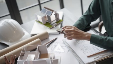Architecture Man use smart phone for architectural Creative project business architecture ecosystem