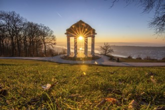 Beautiful temple in a landscape shot. Sunrise on a winter morning. Beautiful view along the Rhine