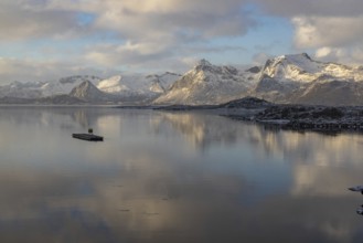 Lofoten wall reflection at the E10 near Kleppstad, Lofoten, Nordland, Norway, Europe