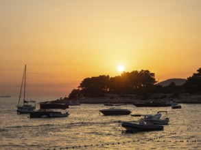 Sunset, boats in the harbour, town of Hvar, island of Hvar, Dalmatia, Croatia, Europe