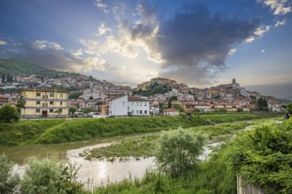 Beautiful old historic mountain village in the evening. Town panorama at sunset Polla, Italy,