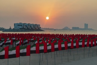 A picture of many United Arab Emirates flags at the Jumeirah Public Beach, at sunset