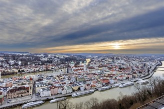 View of Passau in Bavaria at sunset on a winter evening