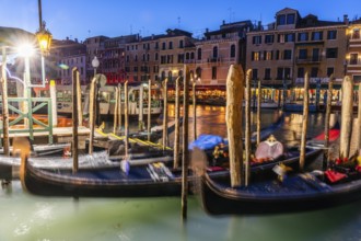 Gondola dock on the Grand Canal, blue hour, Venice, Italy, Europe