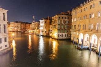 View from the Rialto Bridge over the Grand Canal, night shot, long exposure, Venice, Italy, Europe