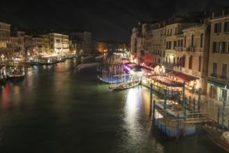 View from the Rialto Bridge over the Grand Canal, night shot, long exposure, Venice, Italy, Europe
