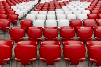 Empty red and white seats in the Allianz Stadion Arena football stadium, Munich, Upper Bavaria,