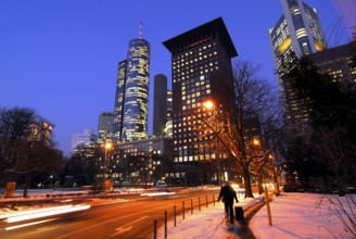 Skyscrapers in the snow, Taunustor, banking district, Frankfurt am Main, Hesse, Germany, Europe