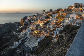 Blue hour after sunset, view of Oia, Santorini, Cyclades, Greece, Europe