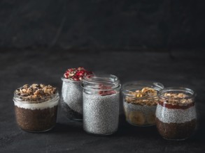 Set of chia pudding in different glass jars on dark table. Assortment of chia puding with different