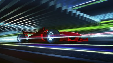 Side view fast moving motion blur red race car and driver with light trail effect, 3d rendering