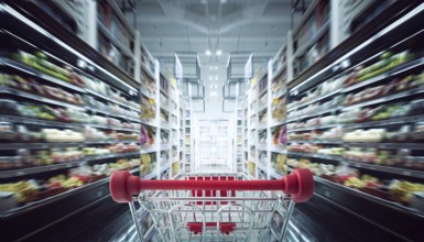 Red shopping cart with motion speed blurred supermarket aisle background