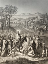 Jesus's triumphal entry into Jerusalem on Palm Sunday, New Testament, steel engraving 1853,