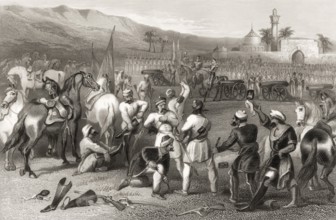 The disarming of cavalry of soldiers by the British units at Berhampur, Berhampore, Indian Mutiny,