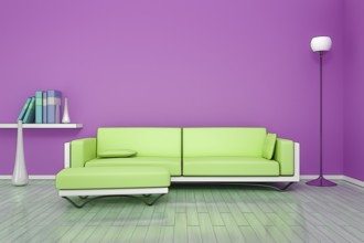 3D rendering of a purple room with a green sofa in comic style