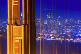 San Francisco Golden Gate Bridge sunset view through cables in California USA