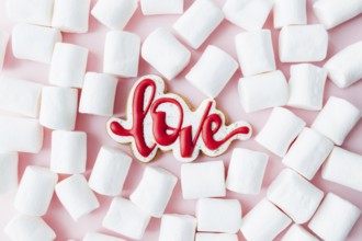 Gingerbread cookies love with white marshmallow. Valentine card. Pink background.