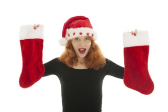 Christmas woman with pair of stocking isolated over white background