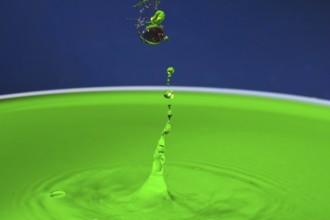 Green liquid splashes in a dynamic moment against a blue background, water droplets, collision,