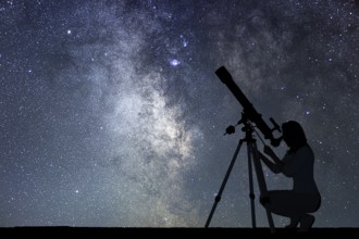Girl looking at the stars with telescope. Milky Way galaxy