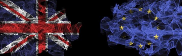 Flags of Union Jack and EU on Black background, Union Jack vs Europe Union Smoke Flags