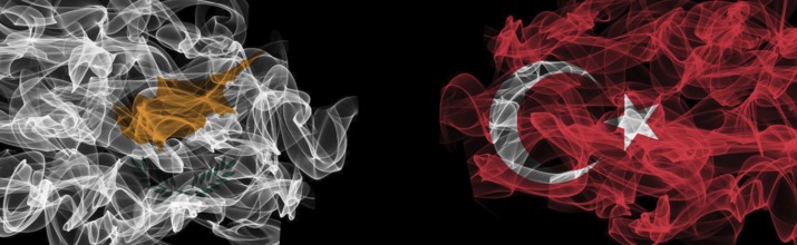 Flags of Cyprus and Turkey on Black background, Cyprus vs Turkey Smoke Flags
