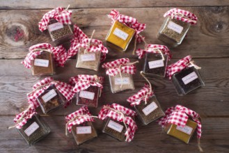 Of small glass jars for storage of various types of aromas for international cuisine