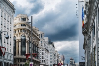 Madrid, Spain, June 18, 2021: Cityscape of Gran Via, the iconic avenue of Madrid famous for his