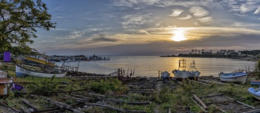 Athopol, Bulgaria, 23 October, 2022: panorama view of the boat ramps and small fishing boats in