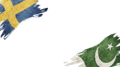 Flags of Sweden and Pakistan on white background