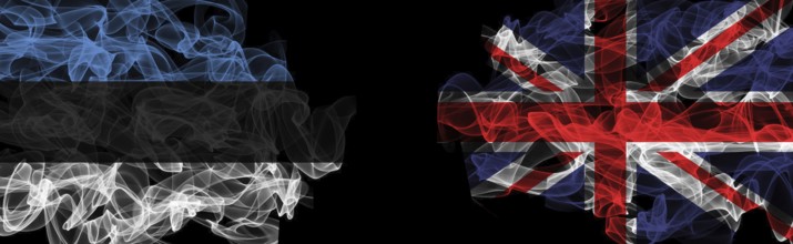 Flags of Estonia and United Kingdom on Black background, Estonia vs United Kingdom Smoke Flags