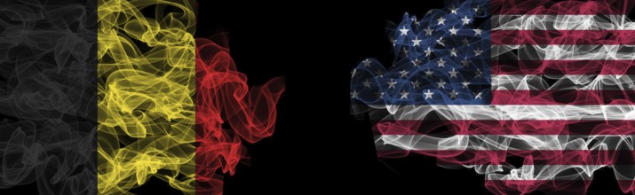 Flags of Belgium and USA on Black background, Belgium vs USA Smoke Flags