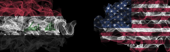 Flags of Iraq and USA on Black background, Iraq vs USA Smoke Flags