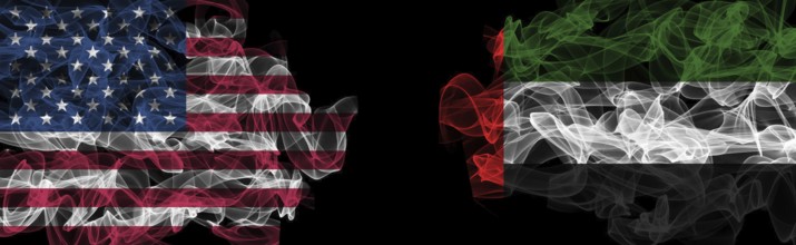 Flags of USA and UAE on Black background, USA vs United Arab Emirates Smoke Flags