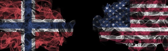 Flags of Norway and USA on Black background, Norway vs USA Smoke Flags