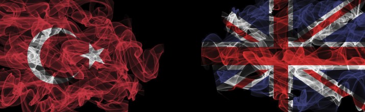 Flags of Turkey and United Kingdom on Black background, Turkey vs United Kingdom Smoke Flags