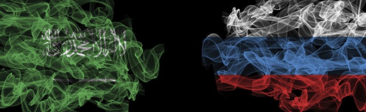 Flags of Saudi Arabia and Russia on Black background, Saudi Arabia vs Russia Smoke Flags