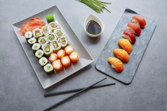 Sushi Maki and Niguiri California roll soy sauce and wasabi
