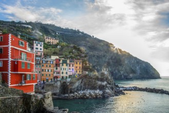 Riomaggiore first colorful place near La Spezia on Liguria coast in Italy, fanatstic small colorful
