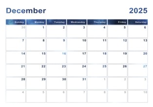 December 2025 calendar, week start Sunday, modern design