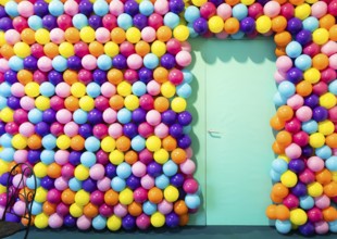 Door room with colorful balloons, concept of celebration, party, happy birthday