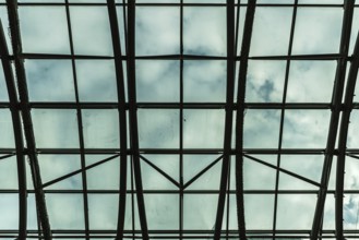 Portugal, 12 28 2018: Abstract patterns and lines of the glass and steel roof at the Vasco Da Gama