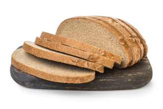 Brown bread on cutting board isolated on white