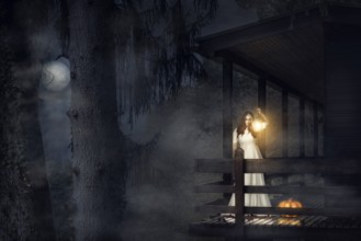 Spooky girl, in a white dress, holding a lit lantern, a pumpkin near her, on the balcony of a