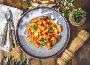 Food, Food, Italian Gnocchi with tomato sauce and basil on wooden background