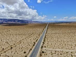 Aerial view of endless desert straight dusty asphalt road in Joshua Tree Park. USA. Long straight
